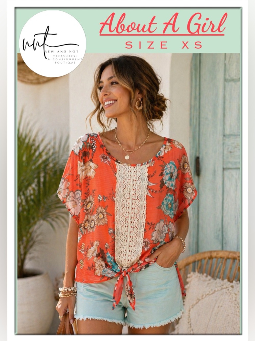 About A Girl Coral Aqua Floral Lace Front Top Semi Sheer Chiffon Tie Hem Boho XS